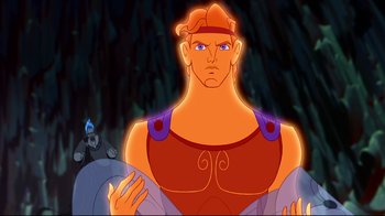 Movie still from “Hercules” (1997), directed by Ron Clements – A man with a red shirt and a blue hat is standing next to another man with a red shirt; Medium shot, Low angle