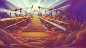 Movie still from “Hercules” (1997), directed by Ron Clements – An illustration of a stairway leading up to the top of the stairs; Extreme Wide shot, High angle