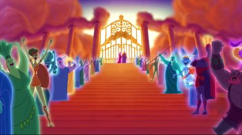 Movie still from “Hercules” (1997), directed by Ron Clements – A group of people standing on top of a set of stairs; Extreme Wide shot, High angle