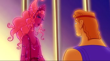 Movie still from “Hercules” (1997), directed by Ron Clements – A man and a woman are standing next to each other in front of a mirror; Medium shot, Over the shoulder angle