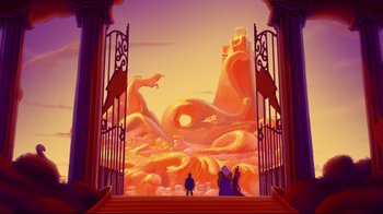 Movie still from “Hercules” (1997), directed by Ron Clements – An illustration of a man standing in front of an entrance to a castle; Extreme Wide shot, High angle