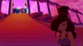 Movie still from “Hercules” (1997), directed by Ron Clements – A woman in a purple dress is on the stairs; Wide shot, Low angle