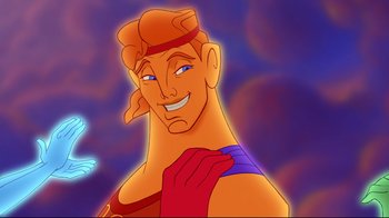 Movie still from “Hercules” (1997), directed by Ron Clements – A cartoon character with a smile on his face; Close Up shot, Over the shoulder angle