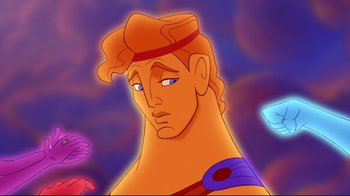 Movie still from “Hercules” (1997), directed by Ron Clements – A cartoon character with a lot of lights in the background; Close Up shot, Over the shoulder angle