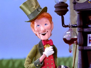 Movie still from “Here Comes Peter Cottontail” (1971), directed by Jules Bass – A person wearing a top hat; Medium shot, Low angle