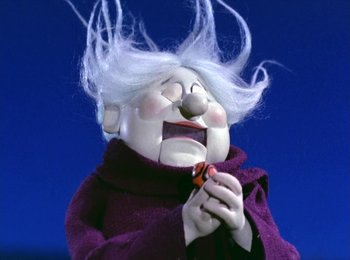 Movie still from “Here Comes Peter Cottontail” (1971), directed by Jules Bass – A cartoon character with white hair; Close Up shot, Low angle