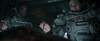 Movie still from “Underwater” (2020), directed by William Eubank – Medium shot, Over the shoulder angle