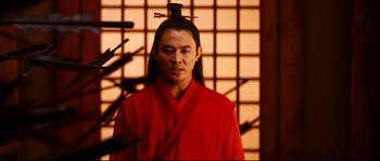 Movie still from “Hero” (2002), directed by Yimou Zhang – A man in a red robe with a bird on his head; Medium shot, Low angle