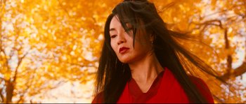 Movie still from “Hero” (2002), directed by Yimou Zhang – A woman in a red shirt is standing in front of a tree; Close Up shot, Low angle
