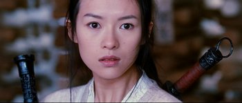 Movie still from “Hero” (2002), directed by Yimou Zhang – A person with long black hair; Close Up shot, Over the shoulder angle