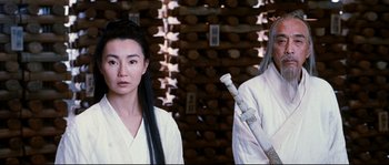 Movie still from “Hero” (2002), directed by Yimou Zhang – Two people in white robes holding swords in front of a wall; Medium shot, Low angle