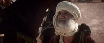 Movie still from “Hidalgo” (2004), directed by Joe Johnston – An old man with a beard and a turban on; Close Up shot, Over the shoulder angle