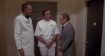 Movie still from “High Anxiety” (1977), directed by Mel Brooks – A group of men standing next to each other in a room; Medium shot, Over the shoulder angle