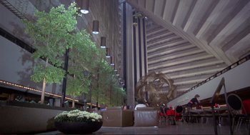 Movie still from “High Anxiety” (1977), directed by Mel Brooks – A bowl filled with flowers sitting on top of a table; Extreme Wide shot, High angle
