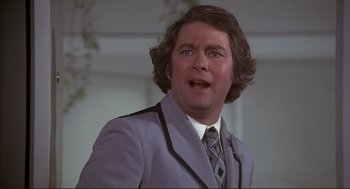 Movie still from “High Anxiety” (1977), directed by Mel Brooks – A person wearing a suit and tie; Close Up shot, Low angle
