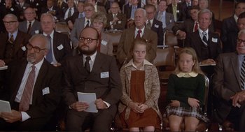 Movie still from “High Anxiety” (1977), directed by Mel Brooks – A group of people sitting in a room; Medium shot, High angle