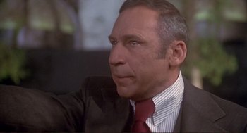 Movie still from “High Anxiety” (1977), directed by Mel Brooks – An older man in a suit and tie looking to his left; Close Up shot, Low angle