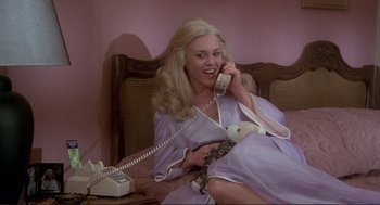 Movie still from “High Anxiety” (1977), directed by Mel Brooks – A woman sitting on a couch talking on a phone; Medium shot, High angle