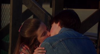 Movie still from “High Fidelity” (2000), directed by Stephen Frears – A young man and a young woman kissing; Medium shot, High angle