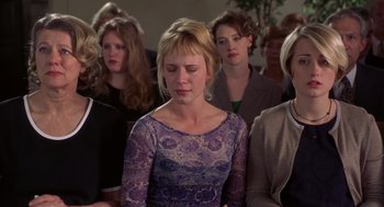 Movie still from “High Fidelity” (2000), directed by Stephen Frears – A group of people sitting in a room; Medium shot, High angle