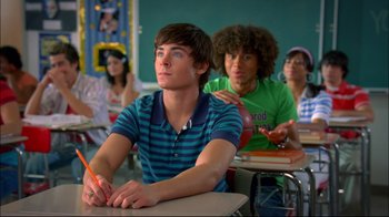 Movie still from “High School Musical 2” (2007), directed by Kenny Ortega – A group of people sitting at a table in a classroom; Medium shot, Over the shoulder angle