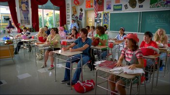 Movie still from “High School Musical 2” (2007), directed by Kenny Ortega – A group of people sitting in a classroom; Wide shot, High angle