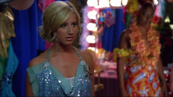 Movie still from “High School Musical 2” (2007), directed by Kenny Ortega – A beautiful blonde woman in a blue dress; Close Up shot, Over the shoulder angle