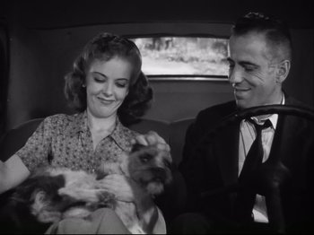 Movie still from “High Sierra” (1940), directed by Raoul Walsh – A man and a woman sitting in the back of a car holding a dog; Medium shot, Low angle