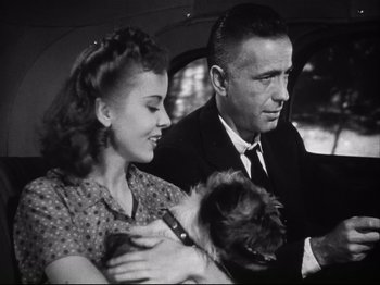 Movie still from “High Sierra” (1940), directed by Raoul Walsh – A man and a woman holding a dog in a car; Medium shot, Low angle