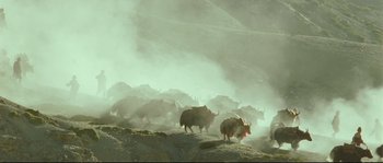 Movie still from “Himalaya” (1999), directed by Eric Valli – A herd of wild animals walking across a field; Extreme Wide shot, High angle
