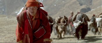 Movie still from “Himalaya” (1999), directed by Eric Valli – A man in a red jacket and a red hat is walking with a herd of animals; Medium shot, High angle