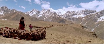 Movie still from “Himalaya” (1999), directed by Eric Valli – A herd of animals walking across a dry grass field; Extreme Wide shot, High angle