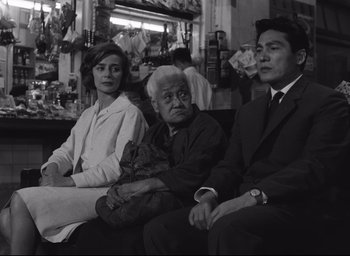 Movie still from “Hiroshima Mon Amour” (1959), directed by Alain Resnais – A group of people sitting in a room; Medium shot, Over the shoulder angle