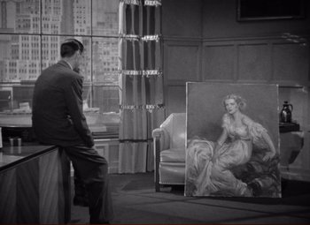 Movie still from “History Is Made at Night” (1937), directed by Frank Borzage – A black and white photo of a man looking at a painting; Wide shot, High angle