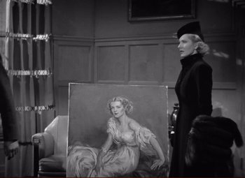 Movie still from “History Is Made at Night” (1937), directed by Frank Borzage – An old photo of a woman standing in front of a painting; Medium shot, Over the shoulder angle
