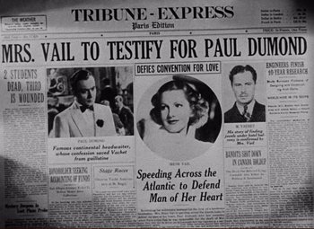 Movie still from “History Is Made at Night” (1937), directed by Frank Borzage – An old newspaper with a picture of a man and a woman; Close Up shot, Overhead angle