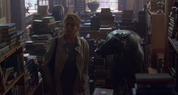 Movie still from “Unfaithful” (2002), directed by Adrian Lyne – A woman standing next to a bear in a room filled with books; Medium shot, High angle