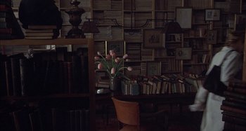 Movie still from “Unfaithful” (2002), directed by Adrian Lyne – A room filled with lots of books and a vase of pink flowers; Wide shot, High angle