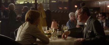 Movie still from “Hitchcock” (2012), directed by Sacha Gervasi – A group of people sitting at a table with wine glasses; Medium shot, Over the shoulder angle
