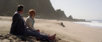 Movie still from “Hitchcock” (2012), directed by Sacha Gervasi – A woman sitting on the sand on the beach; Wide shot, High angle