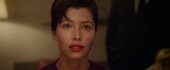 Movie still from “Hitchcock” (2012), directed by Sacha Gervasi – A person with short brown hair; Close Up shot, Over the shoulder angle