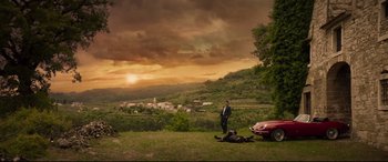 Movie still from “Hitman's Wife's Bodyguard” (2021), directed by Patrick Hughes – Two people are laying on the ground in a field; Extreme Wide shot, Low angle