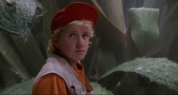 Movie still from “Honey, I Shrunk the Kids” (1989), directed by Joe Johnston – A young boy wearing a red hat looking to his left; Close Up shot, Low angle