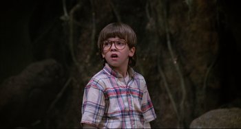 Movie still from “Honey, I Shrunk the Kids” (1989), directed by Joe Johnston – A young boy wearing glasses standing in front of trees; Close Up shot, Low angle