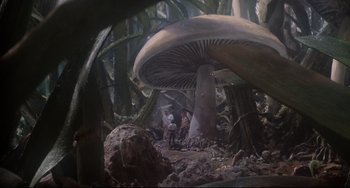 Movie still from “Honey, I Shrunk the Kids” (1989), directed by Joe Johnston – Two people standing under a mushroom in the woods; Extreme Wide shot, Low angle