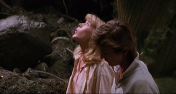 Movie still from “Honey, I Shrunk the Kids” (1989), directed by Joe Johnston – Two people standing next to each other near a forest; Medium shot, Low angle