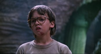 Movie still from “Honey, I Shrunk the Kids” (1989), directed by Joe Johnston – A young boy wearing glasses and a sweater; Close Up shot, Low angle