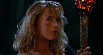 Movie still from “Honey, I Shrunk the Kids” (1989), directed by Joe Johnston – A woman with long blonde hair looking to her left; Close Up shot, Low angle
