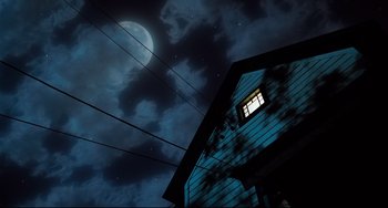 Movie still from “Honey, I Shrunk the Kids” (1989), directed by Joe Johnston – The moon is shining brightly in the dark sky; Extreme Wide shot, Low angle