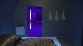 Movie still from “Hostel” (2005), directed by Eli Roth – A room with a bed and a purple door; Wide shot, High angle